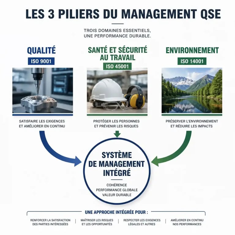 Schéma des trois piliers du management QSE : Qualité, Sécurité et Environnement dans une formation management QSE