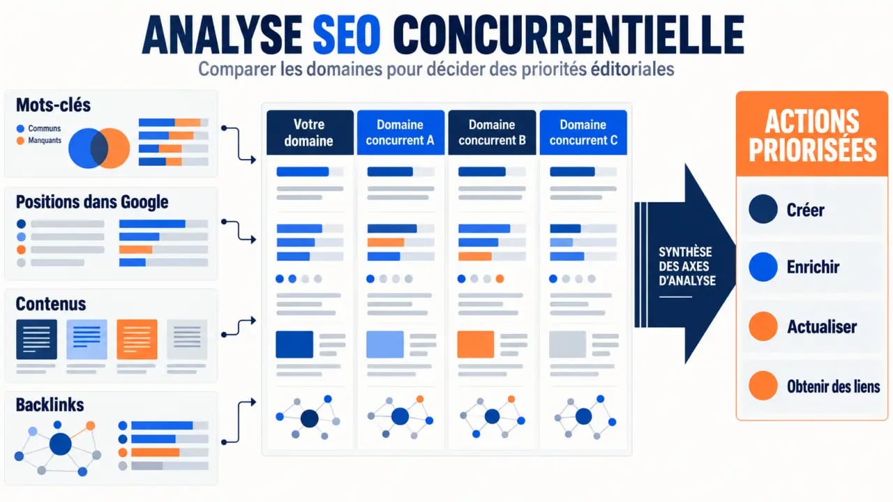 Infographie d’analyse SEO concurrentielle des mots-clés, positions, contenus et backlinks