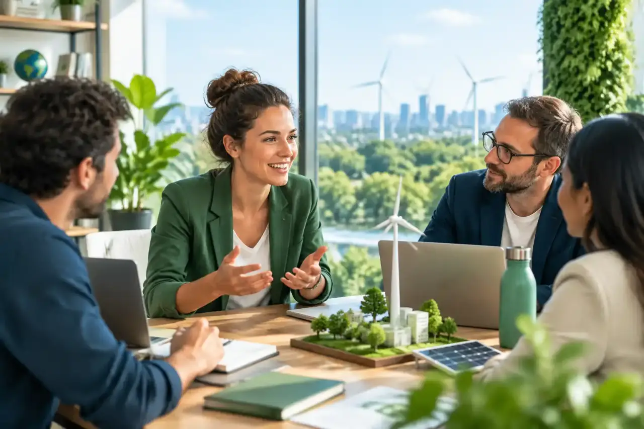 Équipe de fondateurs GreenTech préparant une levée de fonds à impact