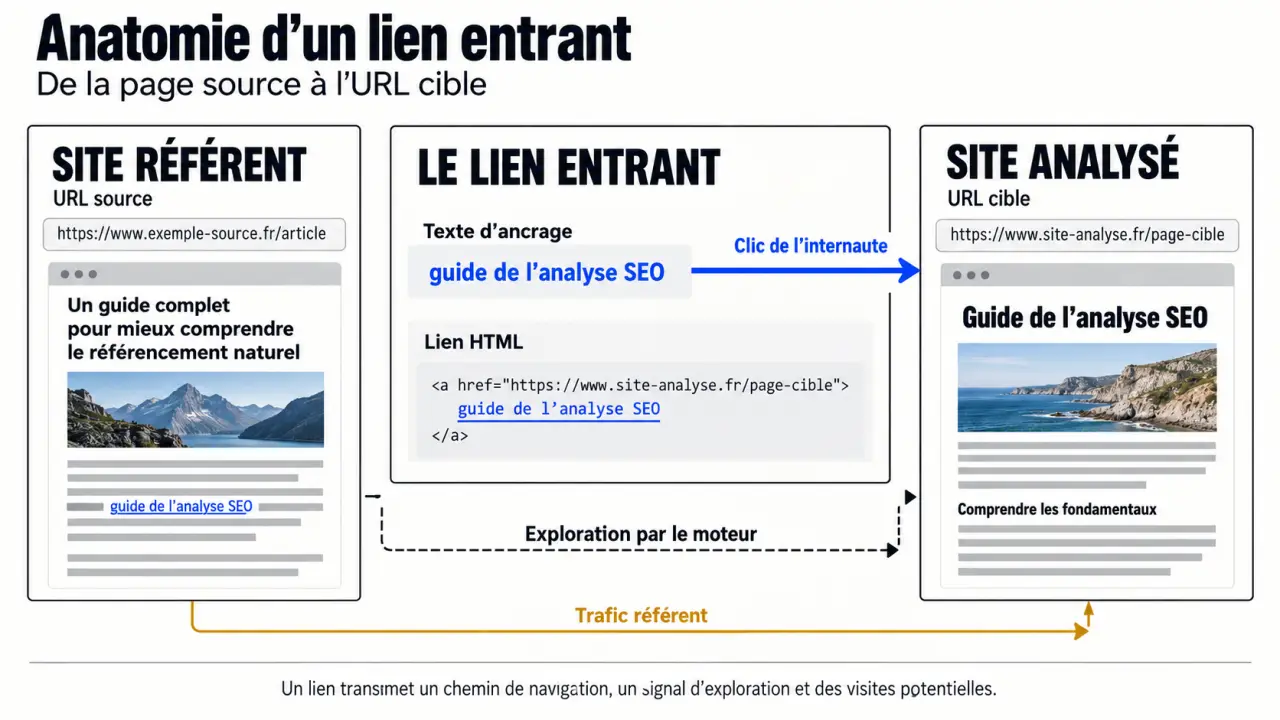 Schéma des liens entrants Google entre site référent, URL source, ancre et URL cible