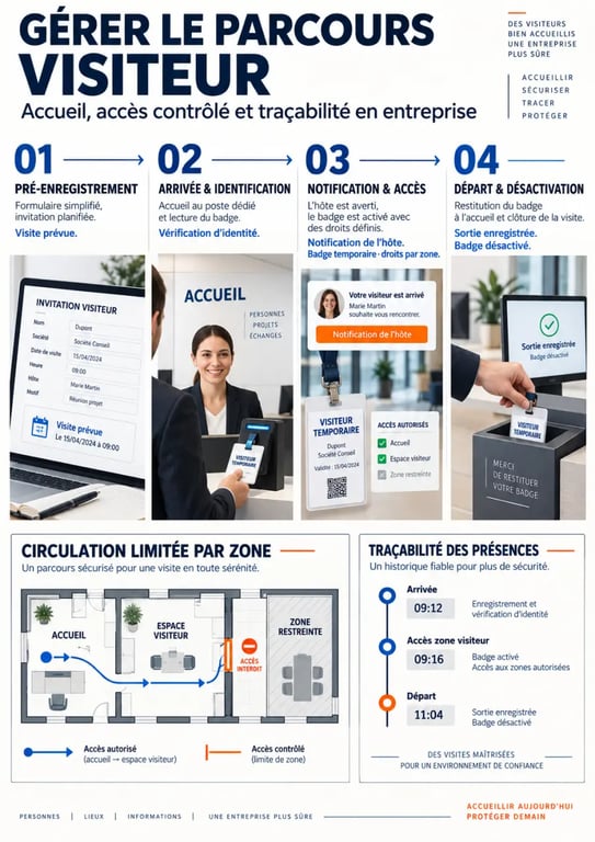 Infographie du parcours de gestion des visiteurs en entreprise, de l'invitation au départ