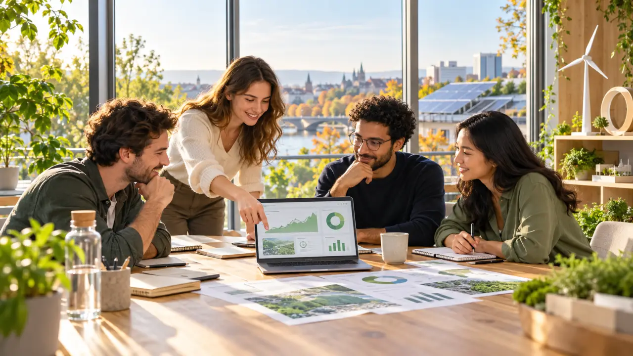 Équipe d'une start-up GreenTech analysant ses risques dans un bureau lumineux entouré de plantes
