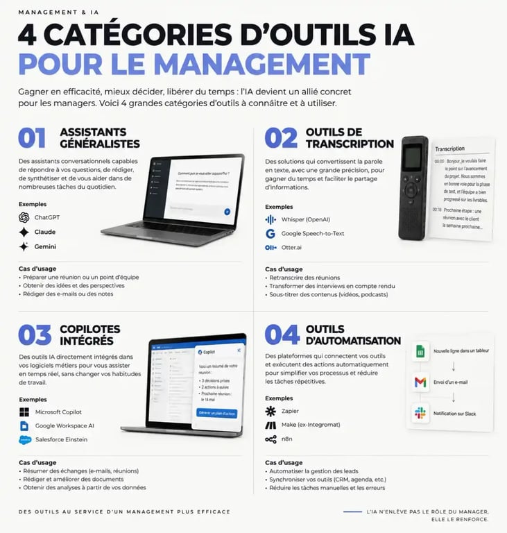 Infographie des outils IA pour le management : assistants, transcription, copilotes et automatisation
