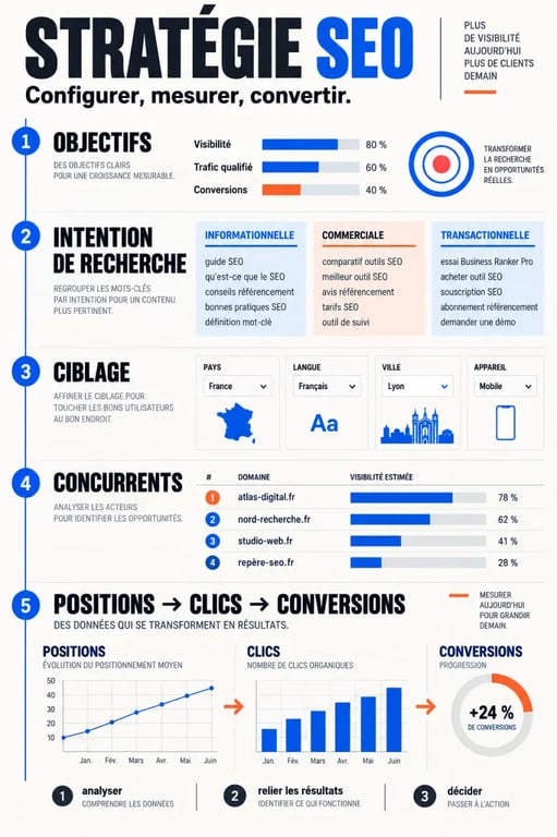 Configuration d’une stratégie SEO Business Ranker Pro avec suivi des mots-clés et analyse des positions