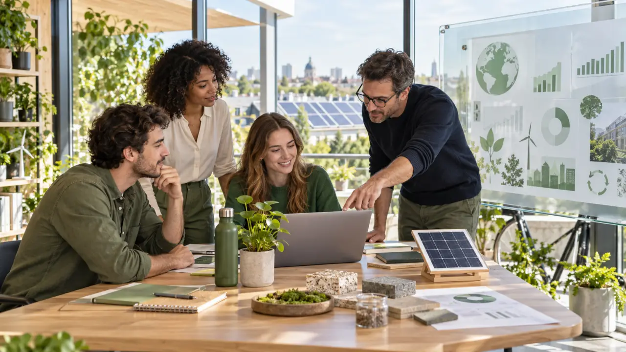 Jeunes entrepreneurs réunis dans un bureau lumineux autour d'un projet d'architecture durable