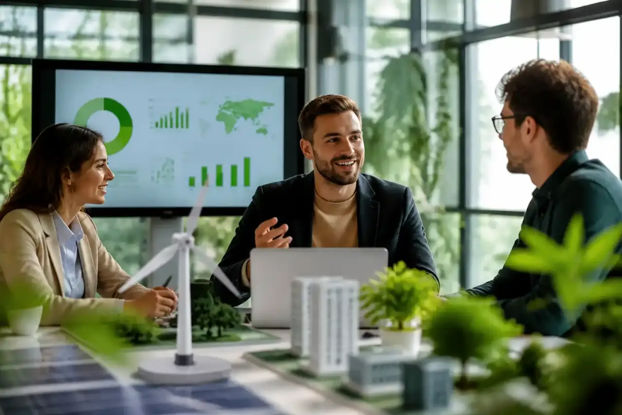 Équipe d'entrepreneurs GreenTech collaborant dans un bureau lumineux et végétalisé