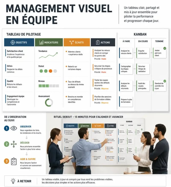 Infographie de formation management visuel avec tableau de pilotage, Kanban et rituel d'équipe