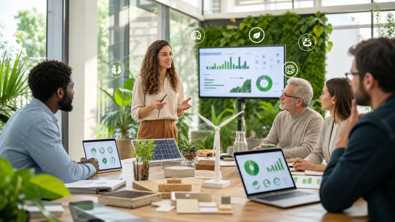Équipe de startup GreenTech travaillant dans un bureau lumineux et végétalisé