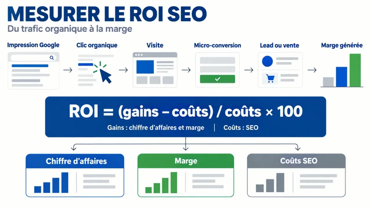 Infographie du parcours et de la formule du ROI SEO, de la visite organique à la marge générée
