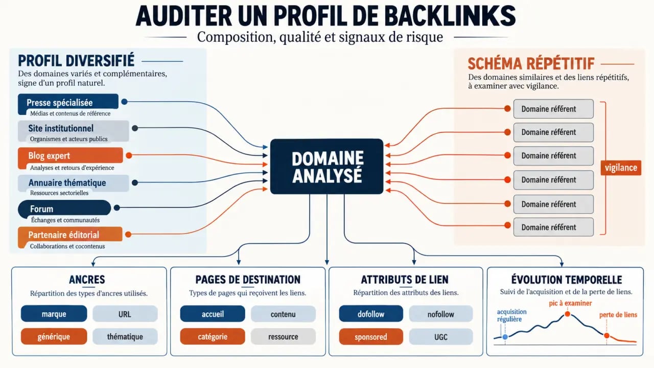 Infographie d’un backlink profile avec domaines référents, ancres et évolution des liens