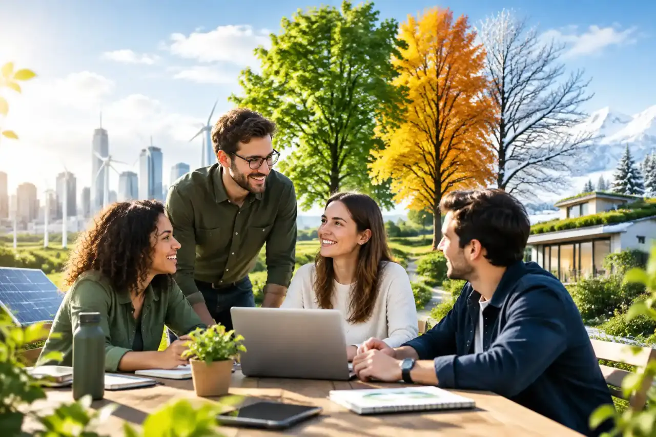 Équipe GreenTech travaillant dans un bureau lumineux entouré de plantes