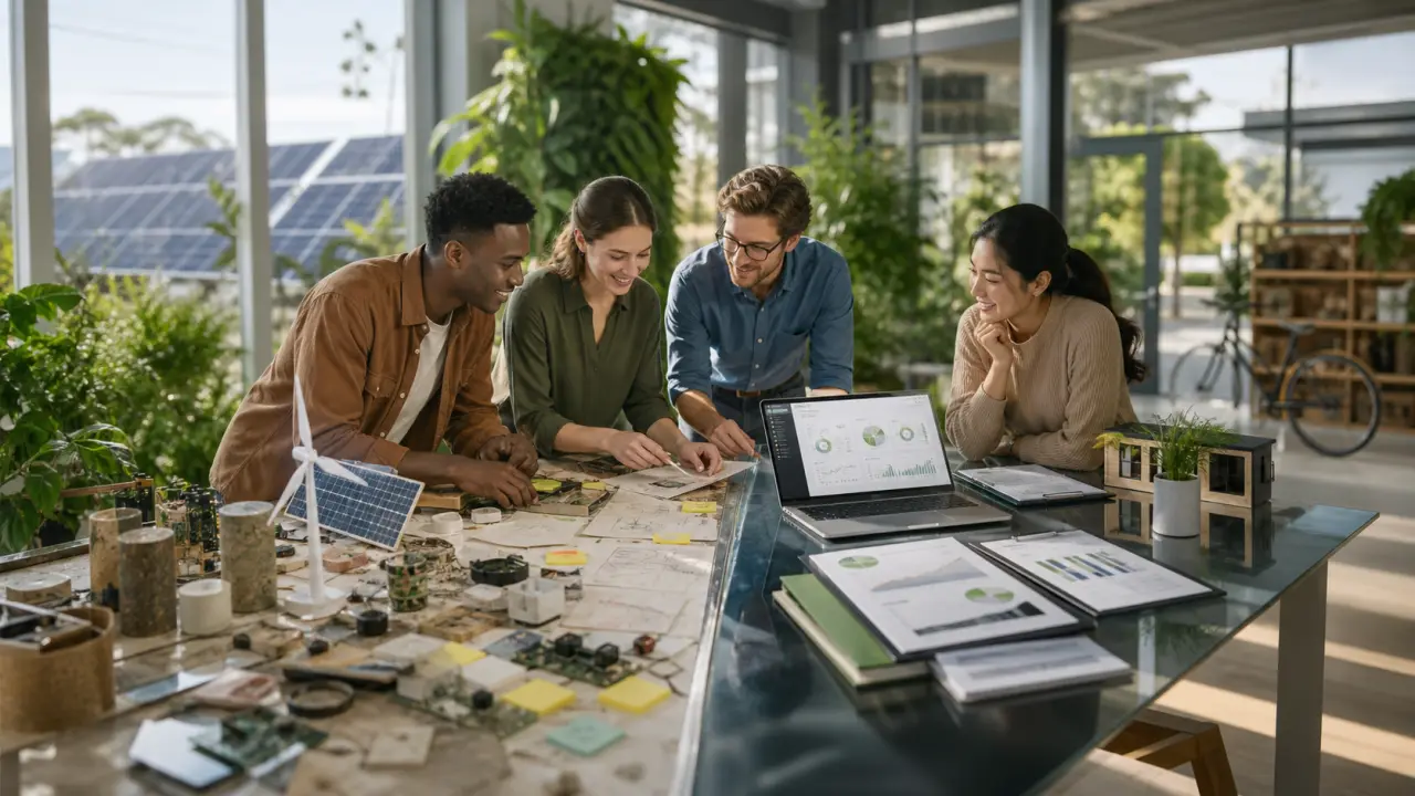 Bureau moderne et lumineux où une équipe de fondateurs GreenTech travaille autour d'un tableau de pilotage