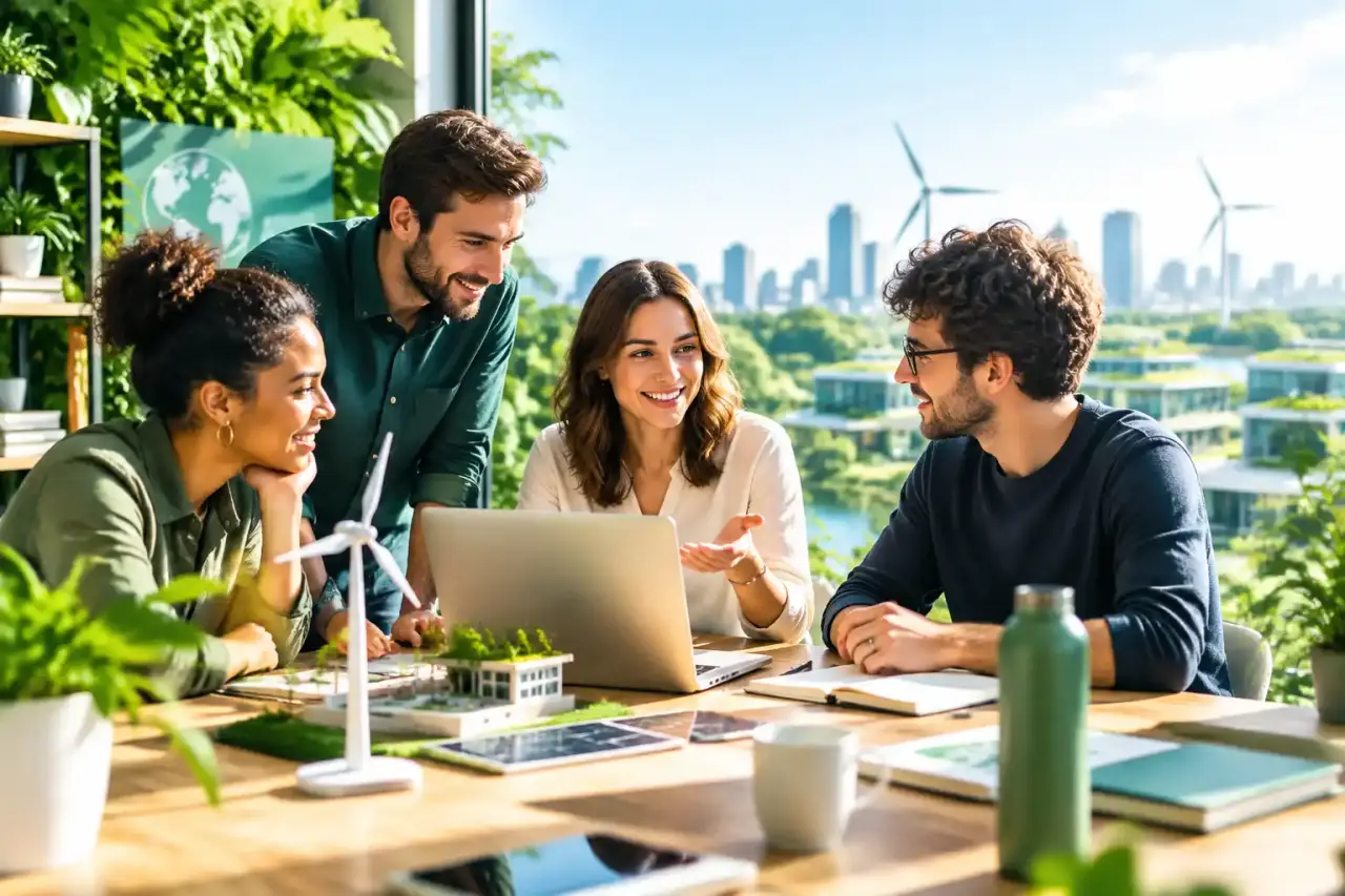 Entrepreneurs travaillant sur une solution GreenTech dans un bureau lumineux et végétalisé