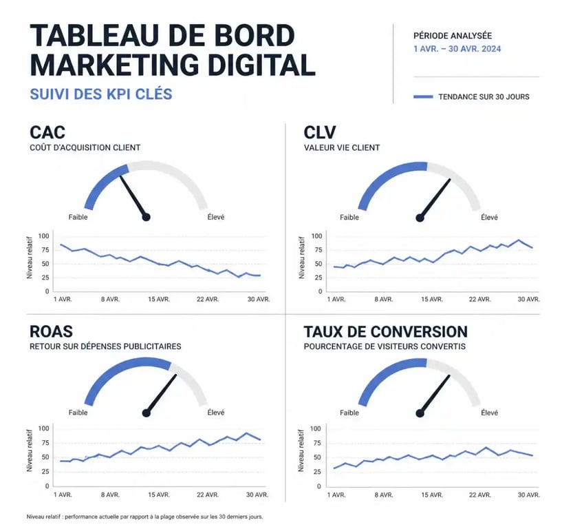 Tableau de bord de KPI marketing digital avec indicateurs clés de performance