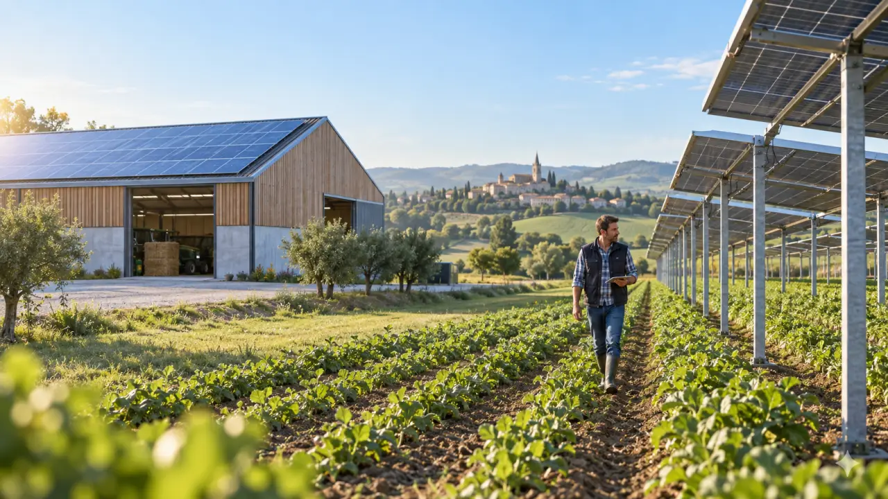 Panneaux photovoltaïques installés sur une toiture agricole au milieu de parcelles cultivées