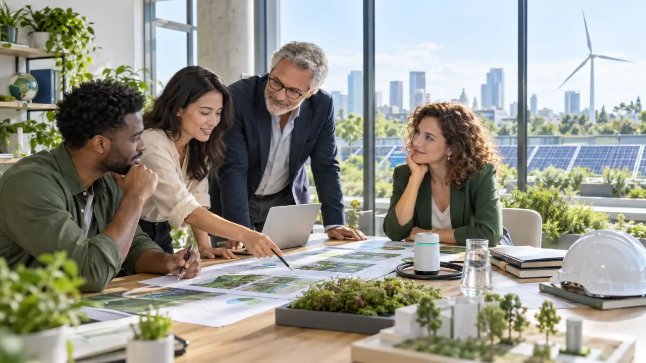 Équipe GreenTech analysant les risques d'un projet durable après un sinistre