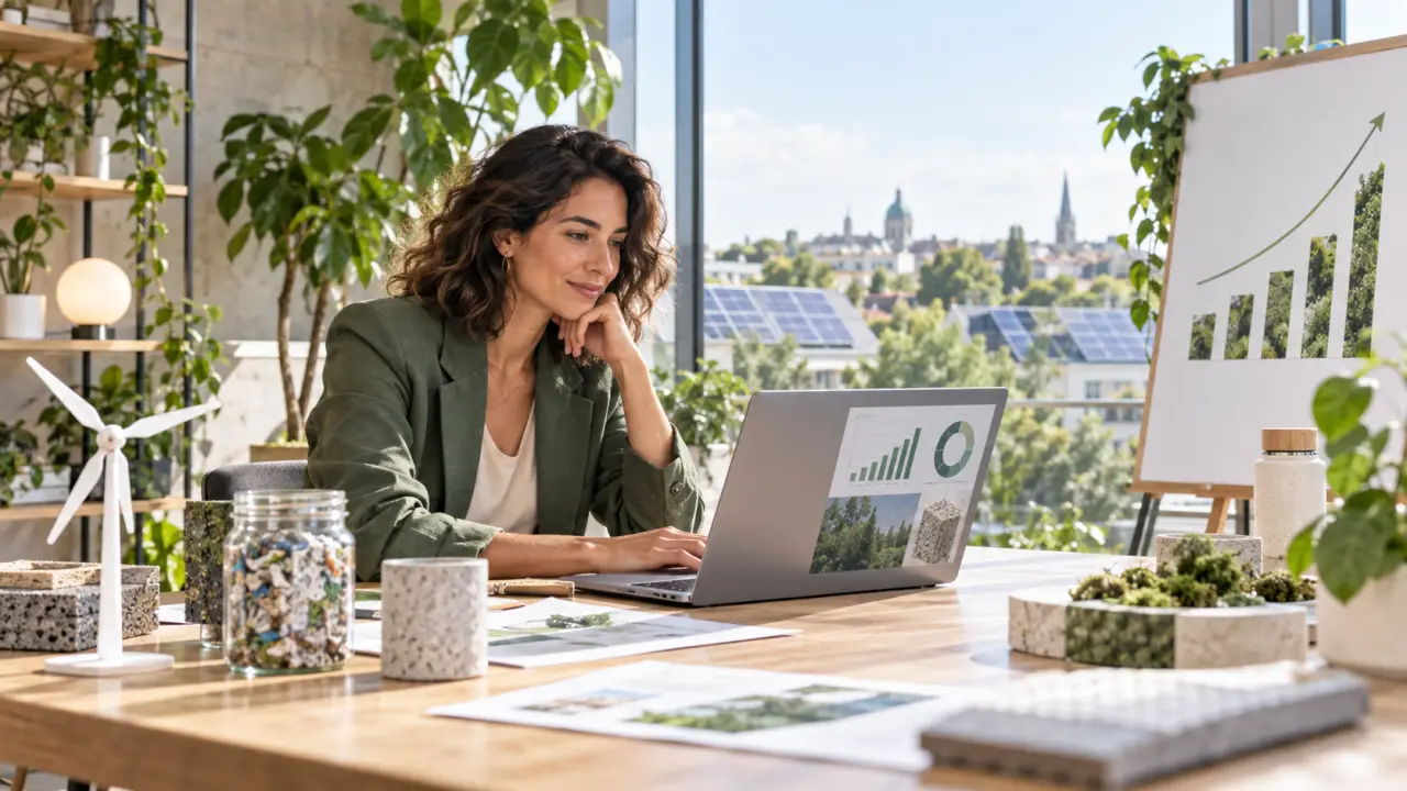 Équipe d’une Greentech travaillant sur une solution durable dans un bureau lumineux