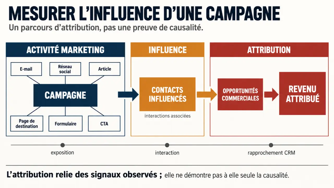 Infographie de la gestion des campagnes et reportings HubSpot en entreprise, des actifs marketing au revenu