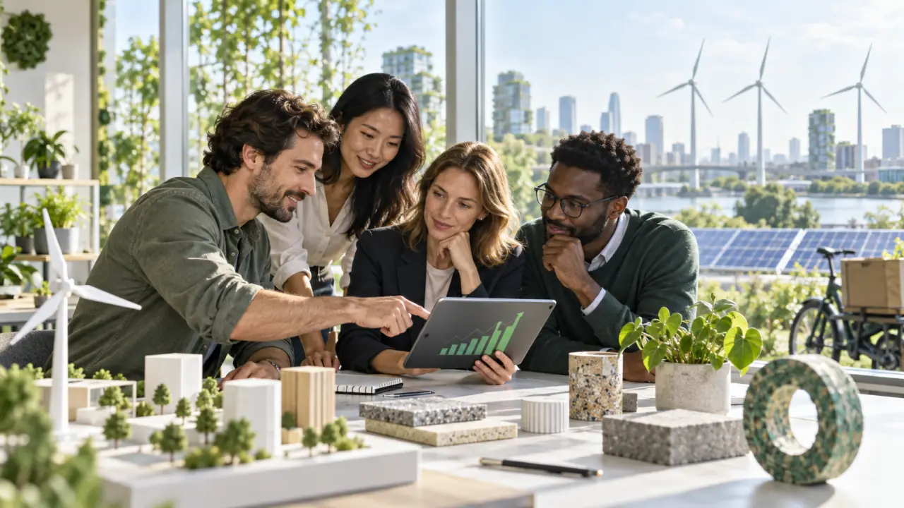 Fondateurs de la GreenTech réunis dans un espace de travail lumineux autour d'une maquette durable
