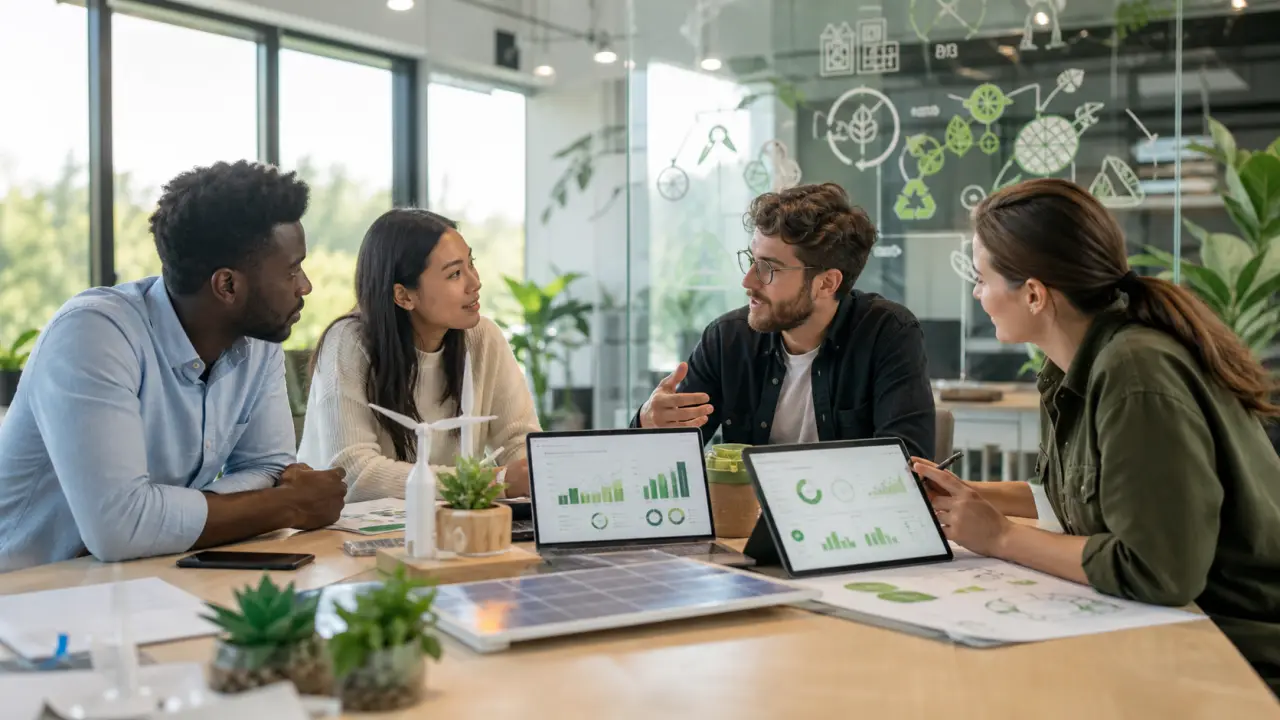 Espace de travail lumineux avec entrepreneurs GreenTech collaborant dans un bureau moderne
