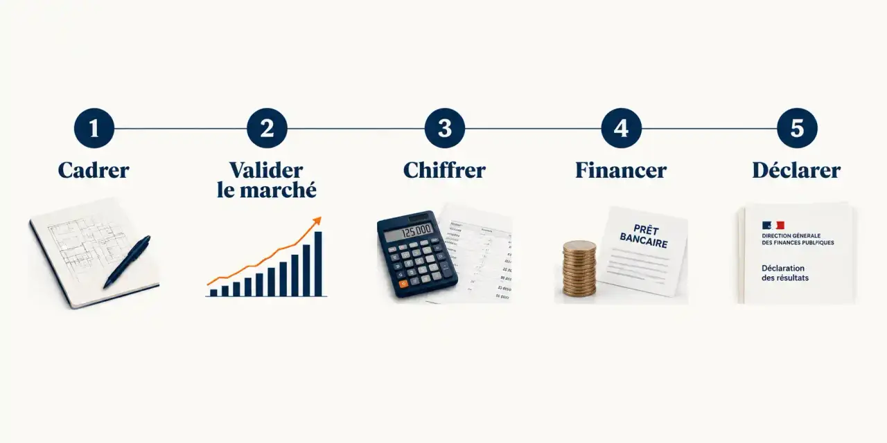 Frise illustrant les 5 étapes de la création d'une entreprise : cadrer, valider le marché, chiffrer, financer, déclarer